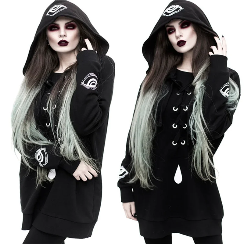 Fashion Women Goth Dark Hoodie Long Sleeve Eye Printing Bow Tie Patchwork Loose Pullover Gothic Style Lady Hoodie Winter Coat