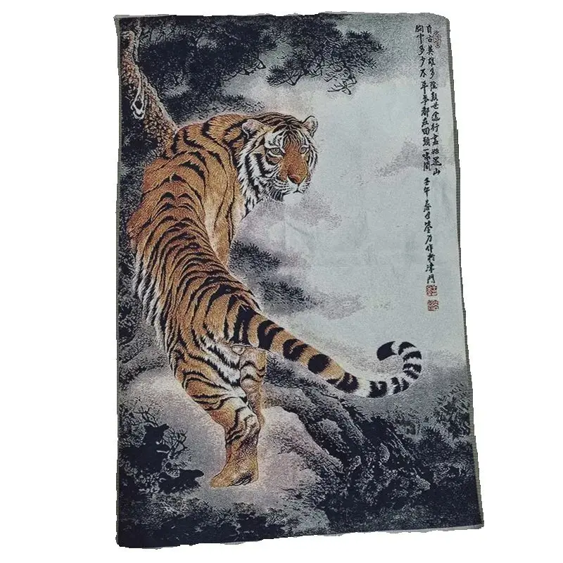 Chinese Antique Brocade Embroidery Tangka Wall Painting - Mountain Tiger Portrait Traditional Art Decor