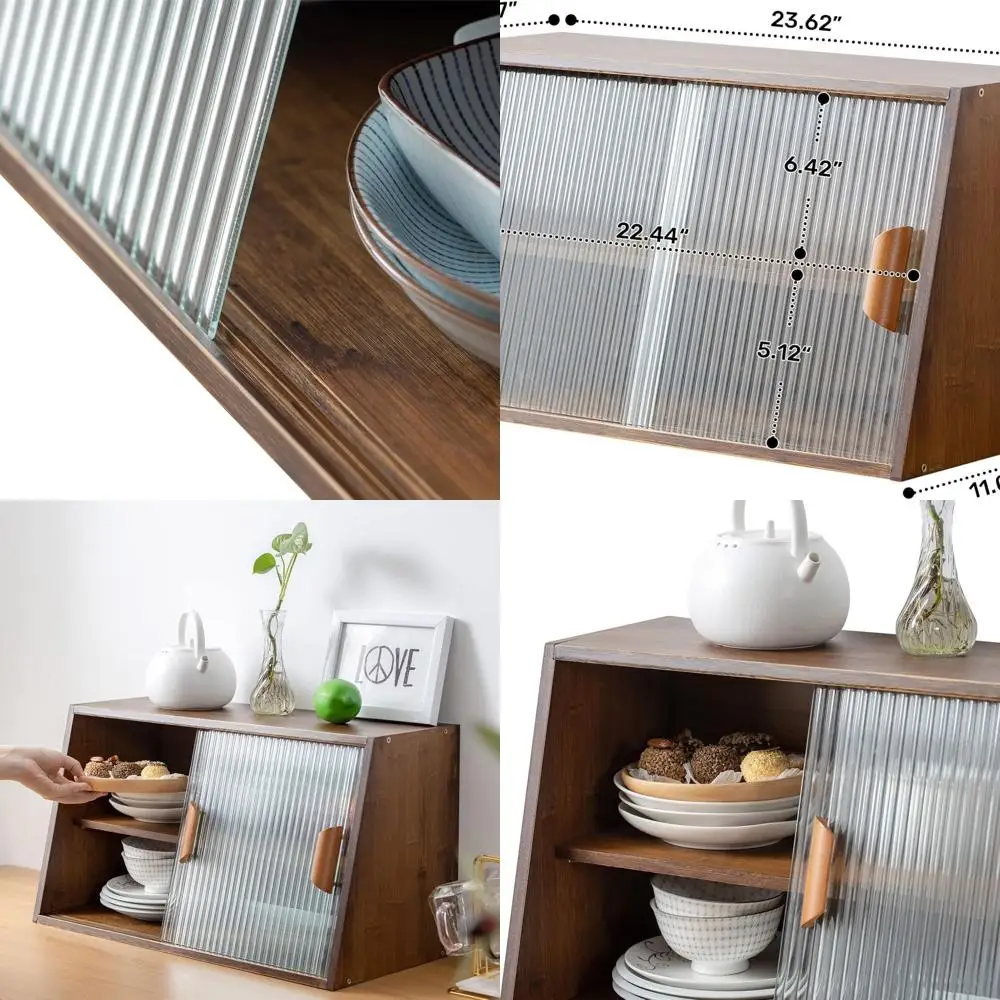 

Консольный обеденный шкаф из орехового дерева со полосатыми стеклянными дверями для хранения на кухне