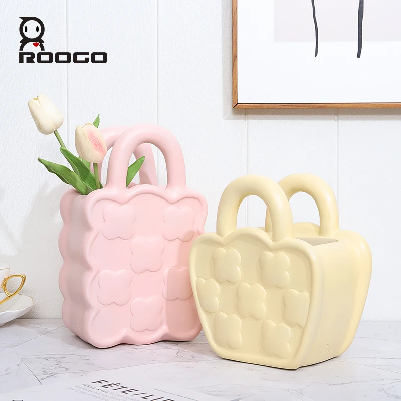 ROOGO Nordic Style Vase Creative Handbag Shape Vase Decoration Home Resin Flowers Vase for Living Room Bedroom Office