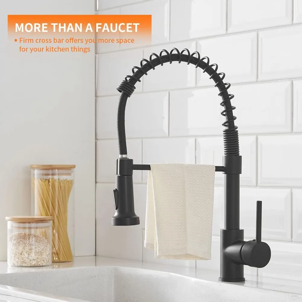 OWOFAN Black Kitchen Faucet with Pull Down Sprayer Stainless Steel Single Handle Pull Out Spring Sink Faucets 1 Hole or 3 Hole