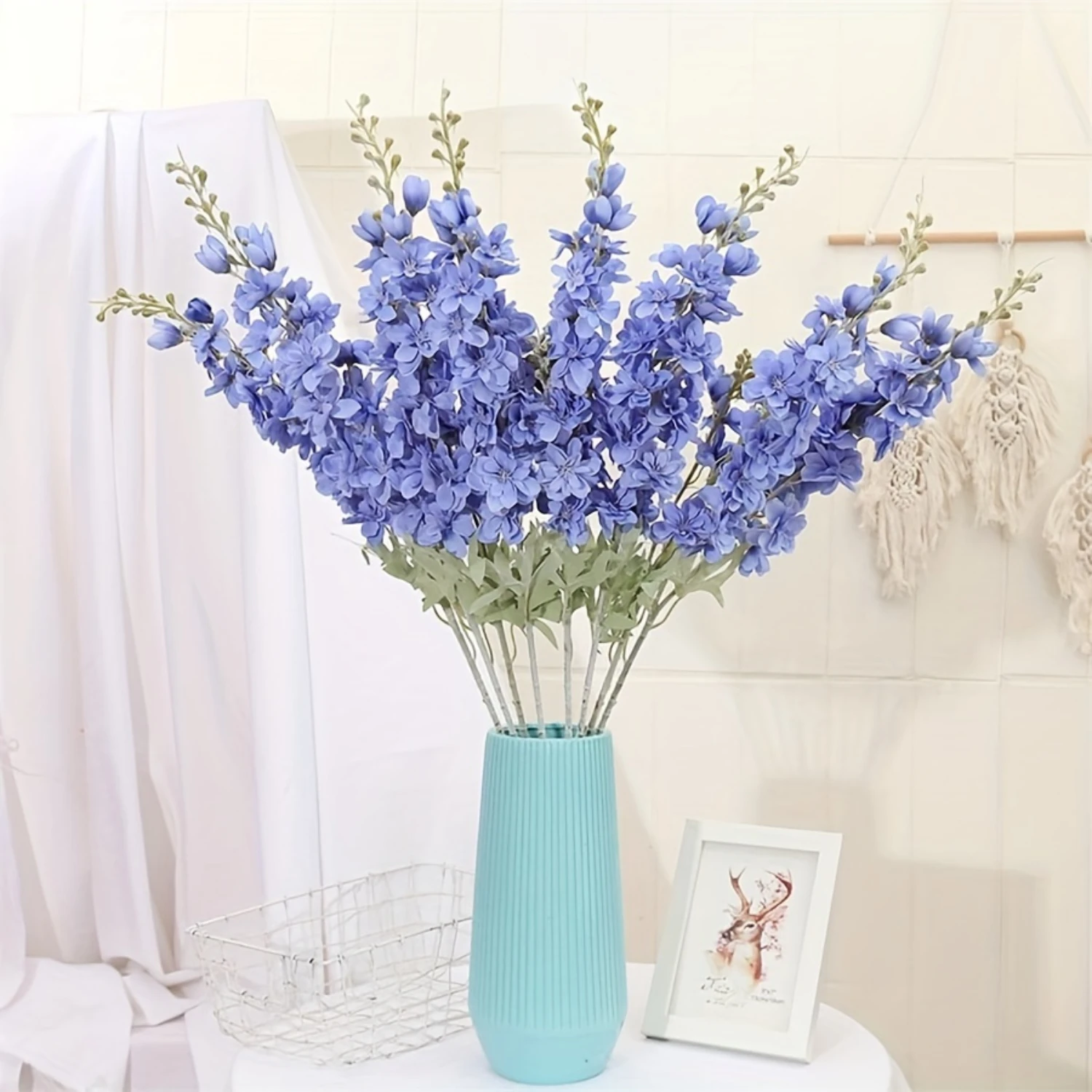 6pcs Delphinium ดอกไม้ประดิษฐ์ดอกไม้แชมเปญดอกไม้ผ้าไหม Larkspur ดอกไม้ 33.5in ยาวประดิษฐ์ดอกไม้สําหรับสูง V