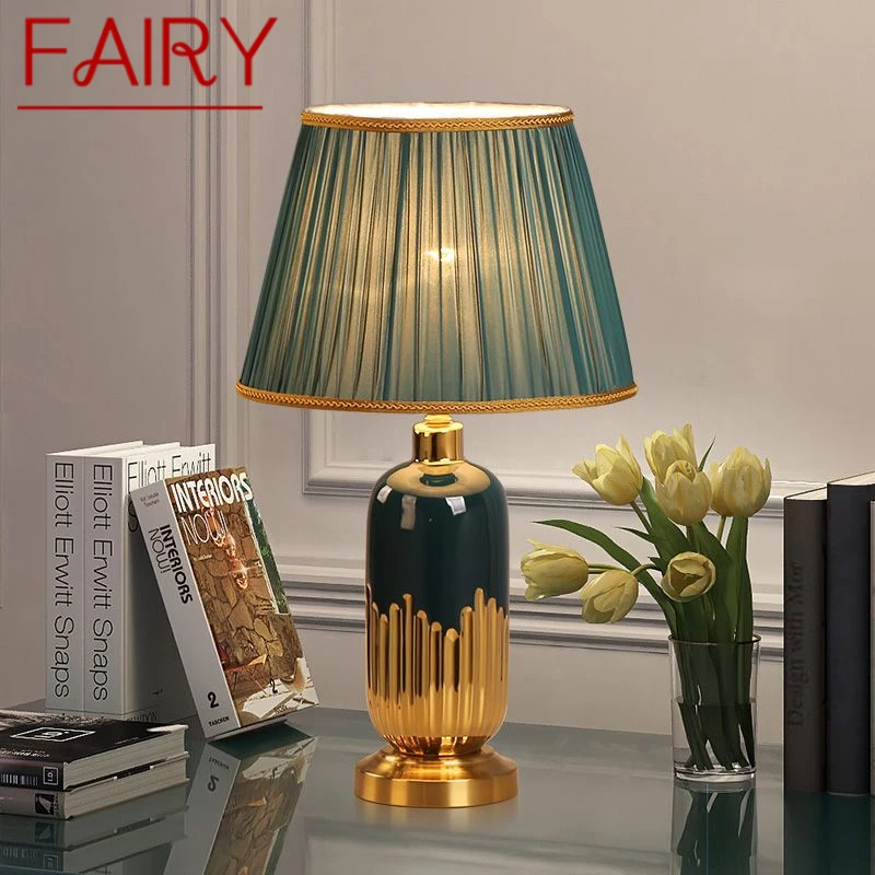 FAIRY Modern Ceramic Table Lamp LED Simple Creative Green Nordic Bedside Desk Light for Home Living Room Bedroom Decor