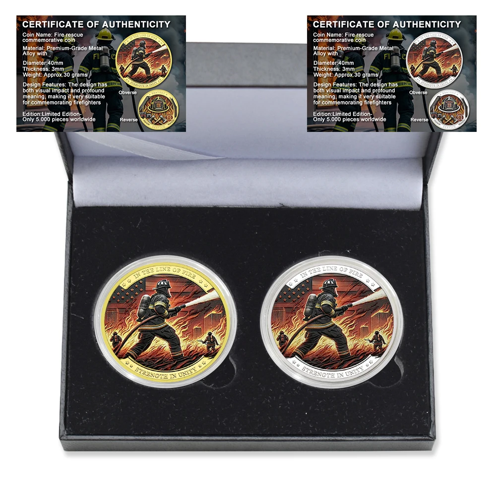 

2pc/box Firefighter Commemorative Coin in The Line of Fire Strength in Unity Metal Bravery Medal with Certificate and Gift Box
