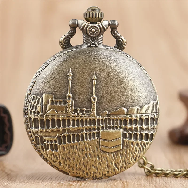 Old Fashion Castle Timepiece Necklace Chain Quartz Pocket Watch for Men Women Sweater Pendant Arabic Number Display Clock Gift
