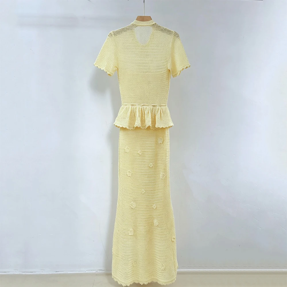Women Summer Crochet Knit Maxi Dress Short Sleeve 3D Floral Pearl Buttons Peplum Drawstring Waist Mermaid Casual Party Vestidos