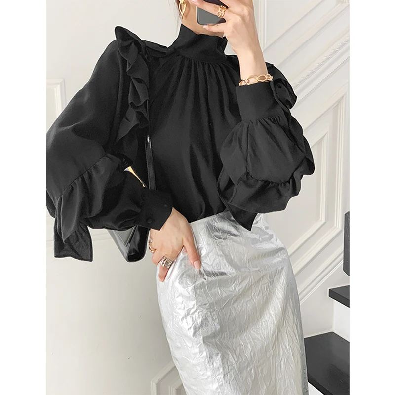 

Vintage Black Shirts Women Elegant Ruffles Patchwork Blouses Office Ladies Korean Stand Collar Long Sleeve Loose Design Tops New