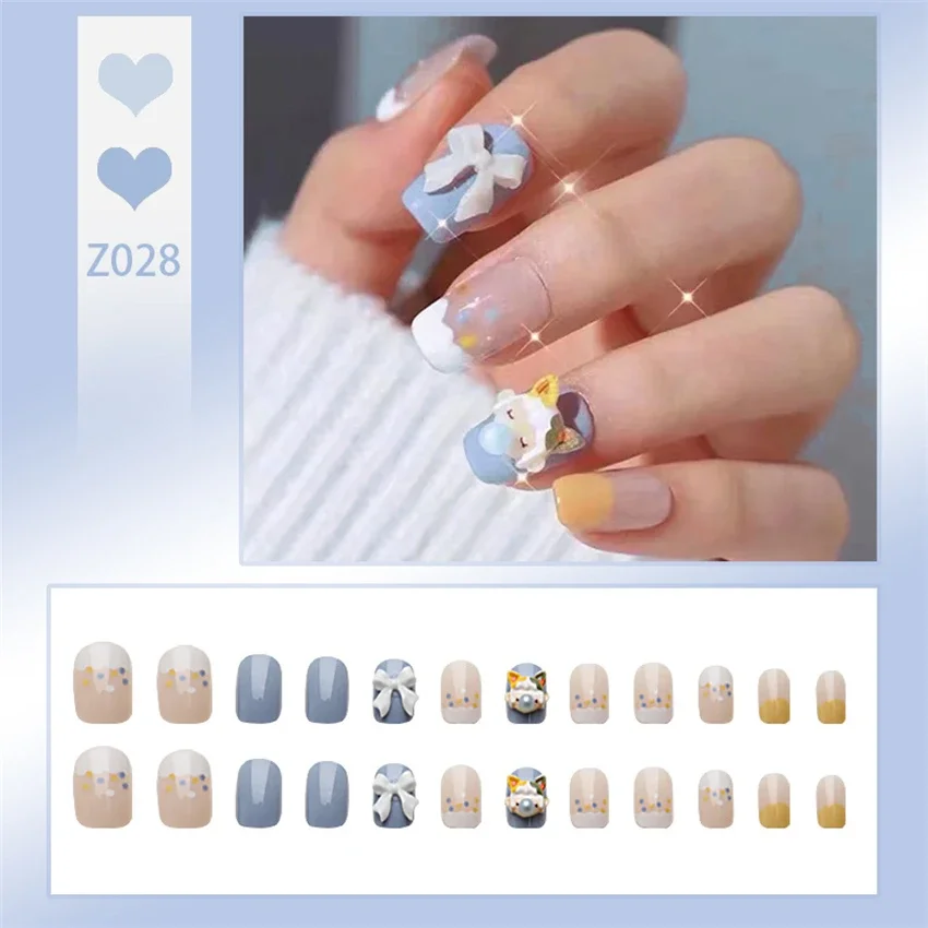 

24Ps/Set Bubble Girl Wearing False Nails Patch Sweet and Cute Adhesive Fake Nails Full Cover Removable Acrylic Press on Nail Art