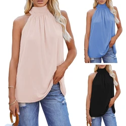 Women Sleeveless Self Tie Halter Collar Tank Top Sexy Off Shoulder Pleated Front Blouse Simple Solid Color Loose Vest