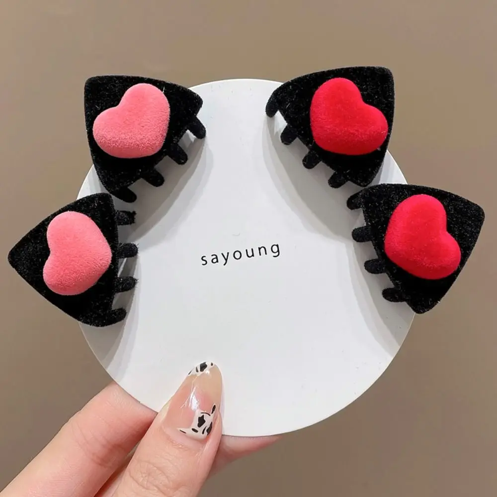Creative Heart Cat Ear Hairpin Flocking Bow Children's Hair Clip Kroean Style Cartoon Velvet Hair Clip Travel