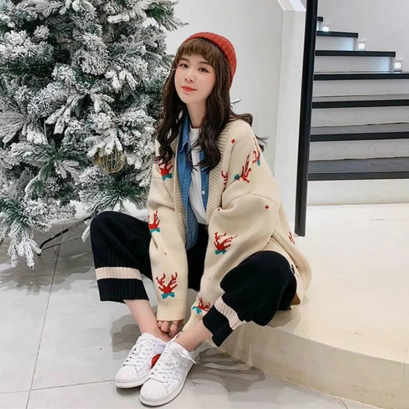 

Kawaii Cartoon Christmas Sweater Women Vintage Chic Single Breasted V-neck Long Cardigan Sweater Tops Warm Casual Clothing