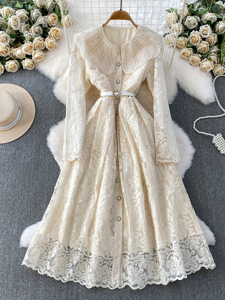 

Весенне-осеннее праздничное платье с кукольным вырезом и длинными рукавами для женщин, новое однобортное платье из французского абрикосового кружева S282