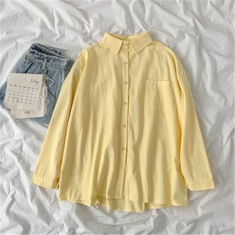 Blus kerah Turn-Down Fashion Korea, baju atasan lengan panjang longgar warna polos gaya Preppy musim gugur baru 30269