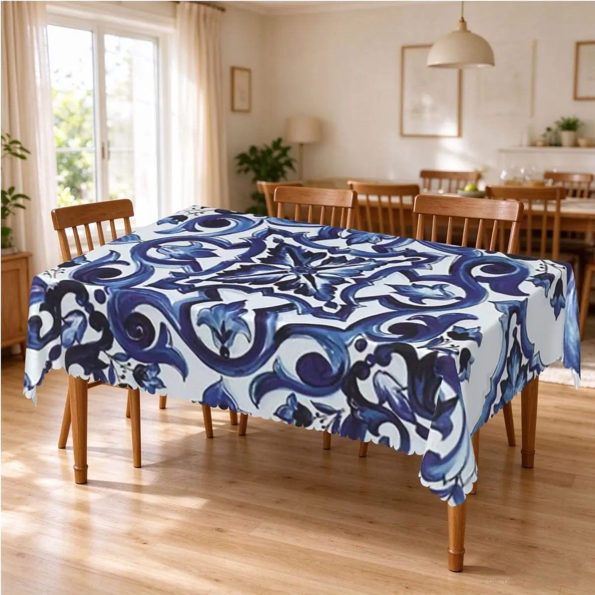 Blue Ornate Floral Mediterranean Sicilian Tile Tablecloth Restaurant Kitchen Rectangular Tablecloth Party Tablecloth Table Cover