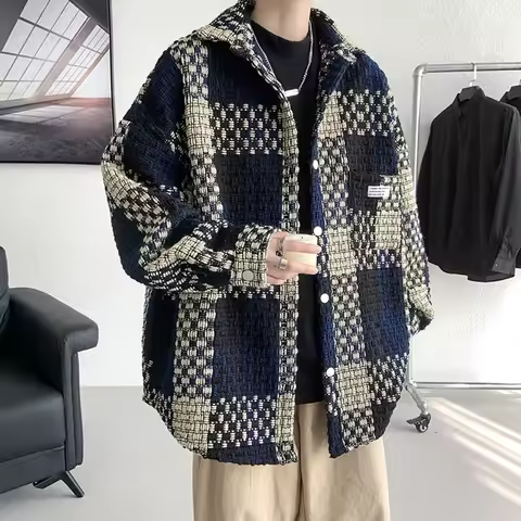 Fashion Loose Spell Color Grid Single Breasted Lapel Jacket, Men's Spring and Autumn New Casual Handsome Jacket with Pockets