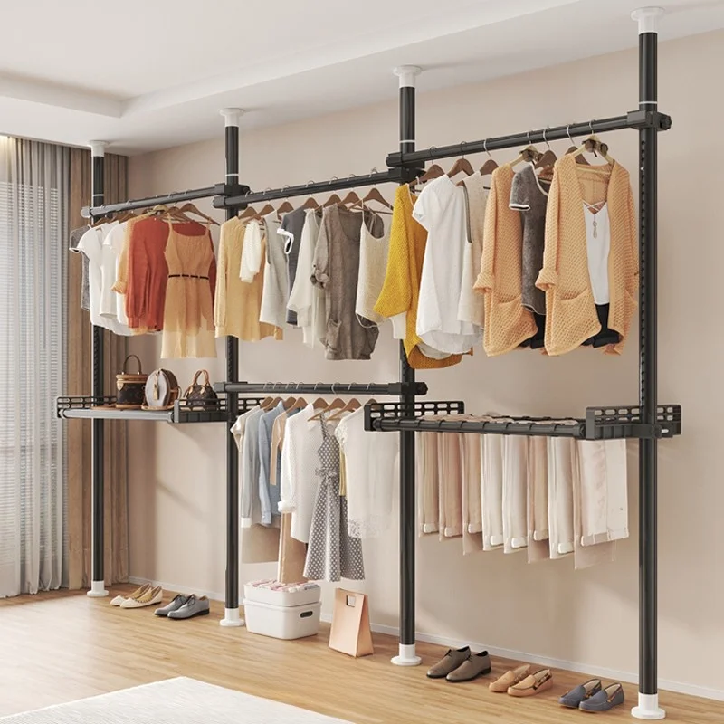 Floor-Standing Clothes Hanger Thickened Cloakroom Shelf Storage Cabinet Simple Floor Bedroom Clothes Pole Clothes Drng Stee...