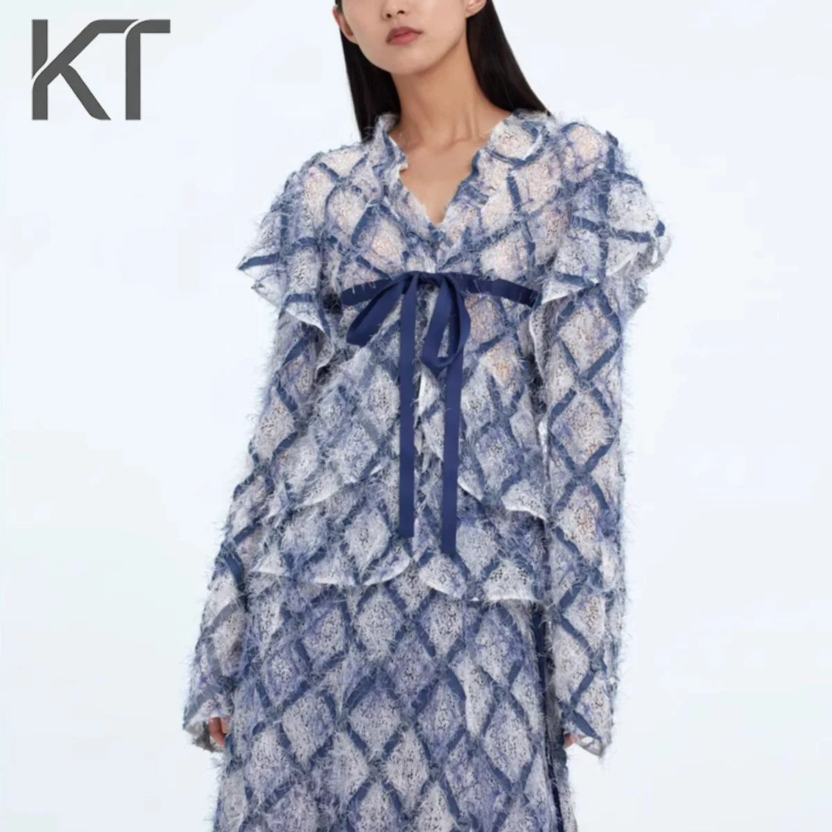 

KT Women's Textured Blouse 2026 Spring Summer Fuzzy Geometric Print Tie Waist Ruffled Long Sleeve Top Casual Tops