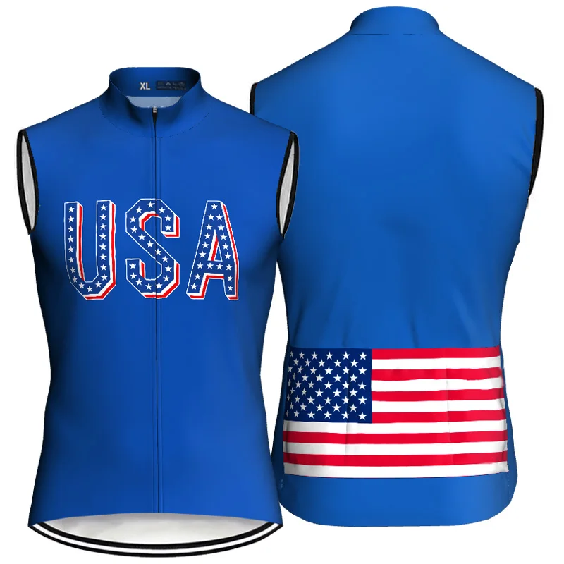 

USA Bicycle Jersey Vest Sleeves Wear Cycling Road Jacket Bike MTB Blue Shirts Pocket Waistcoat Clothes Bib Rider Trip Countdown