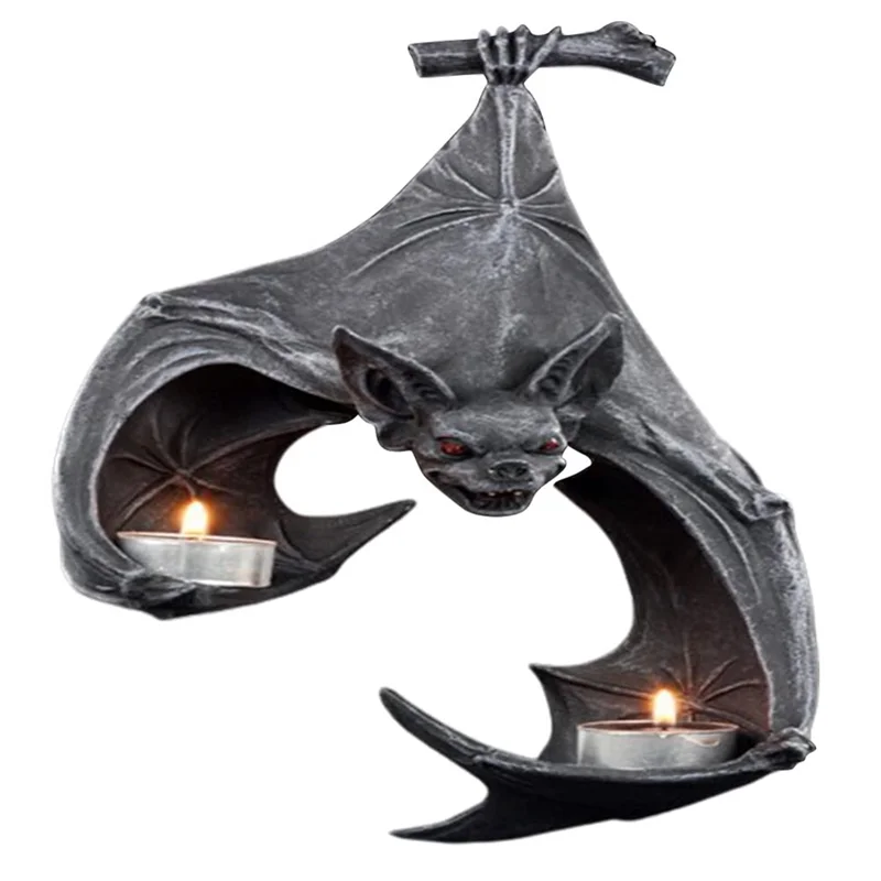 Halloween Bat-Shaped Candlestick Resin Hanging Garden Statue Sculptures Crafts Candle Holder for Patio Porch