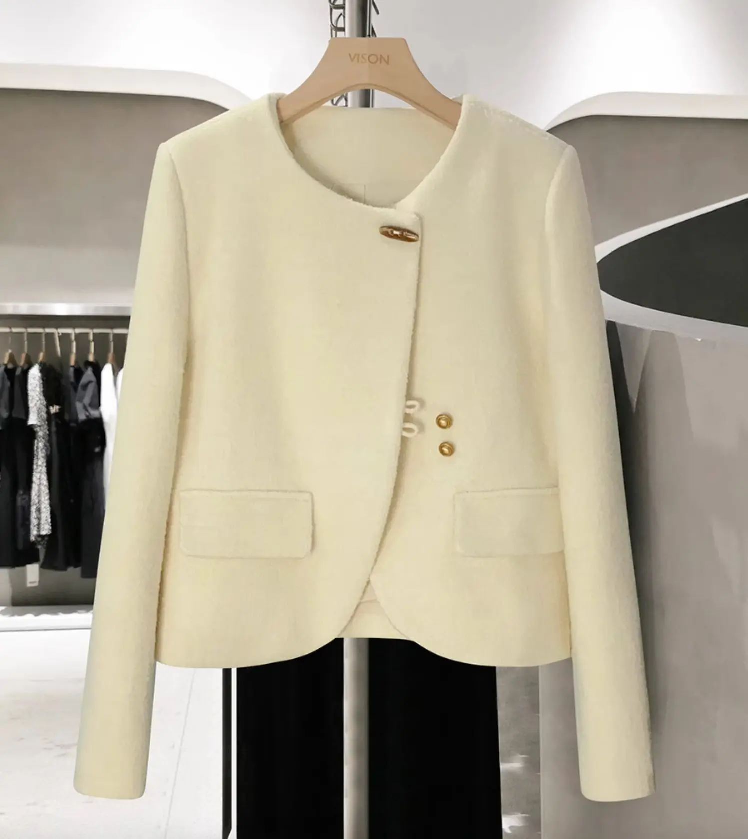 

Autumn and winter women's casual solid color round neck long sleeved jacket