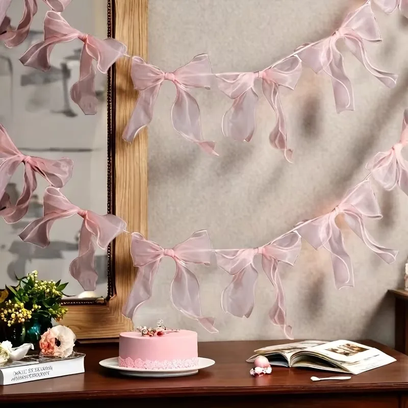 Süße Rosa Schleifengirlande Hängende Wimpelkette für Mädchen Prinzessinnen-Geburtstagsparty Dekoration Hochzeitsfotografie Hintergrund Zubehör