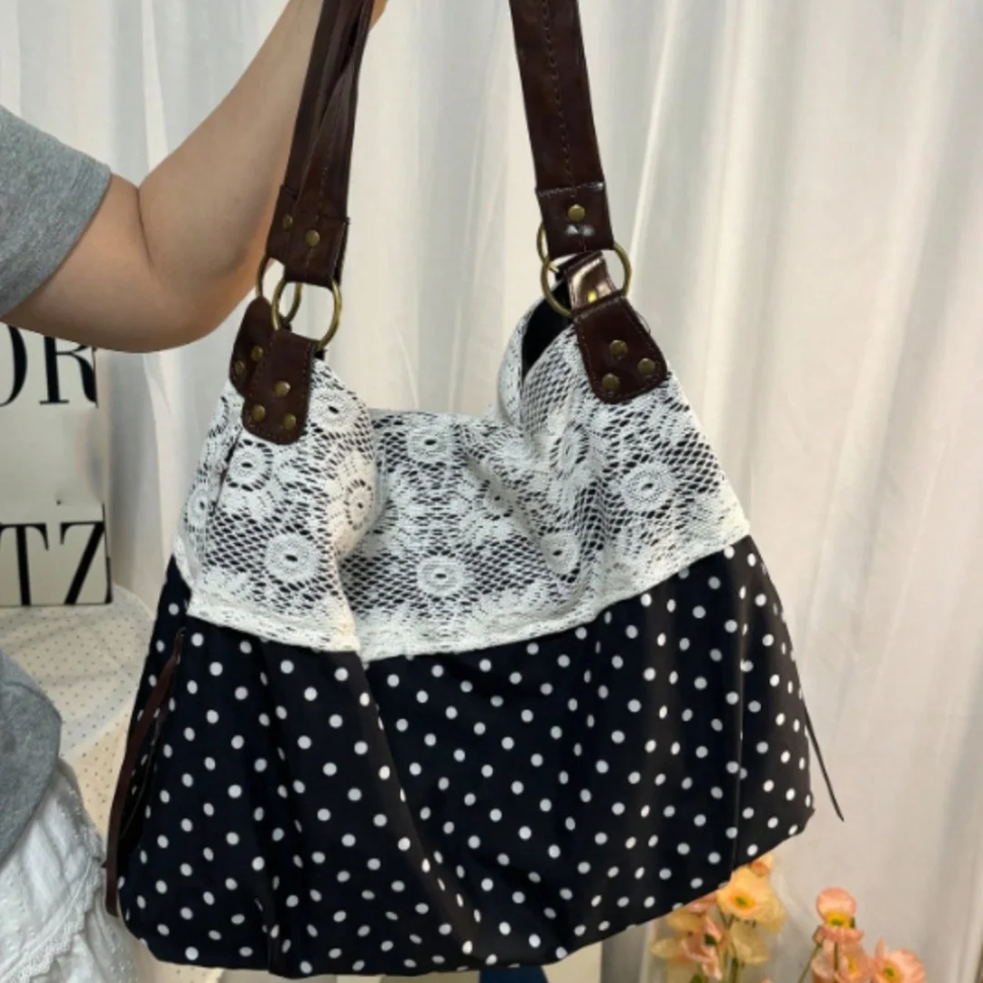 Bohemian Shoulder Bag Mori Girl Fairycore Women Ditsy Floral Patchwork Handbag With Lace Trim,Vintage Travel Commuter Tote Bag