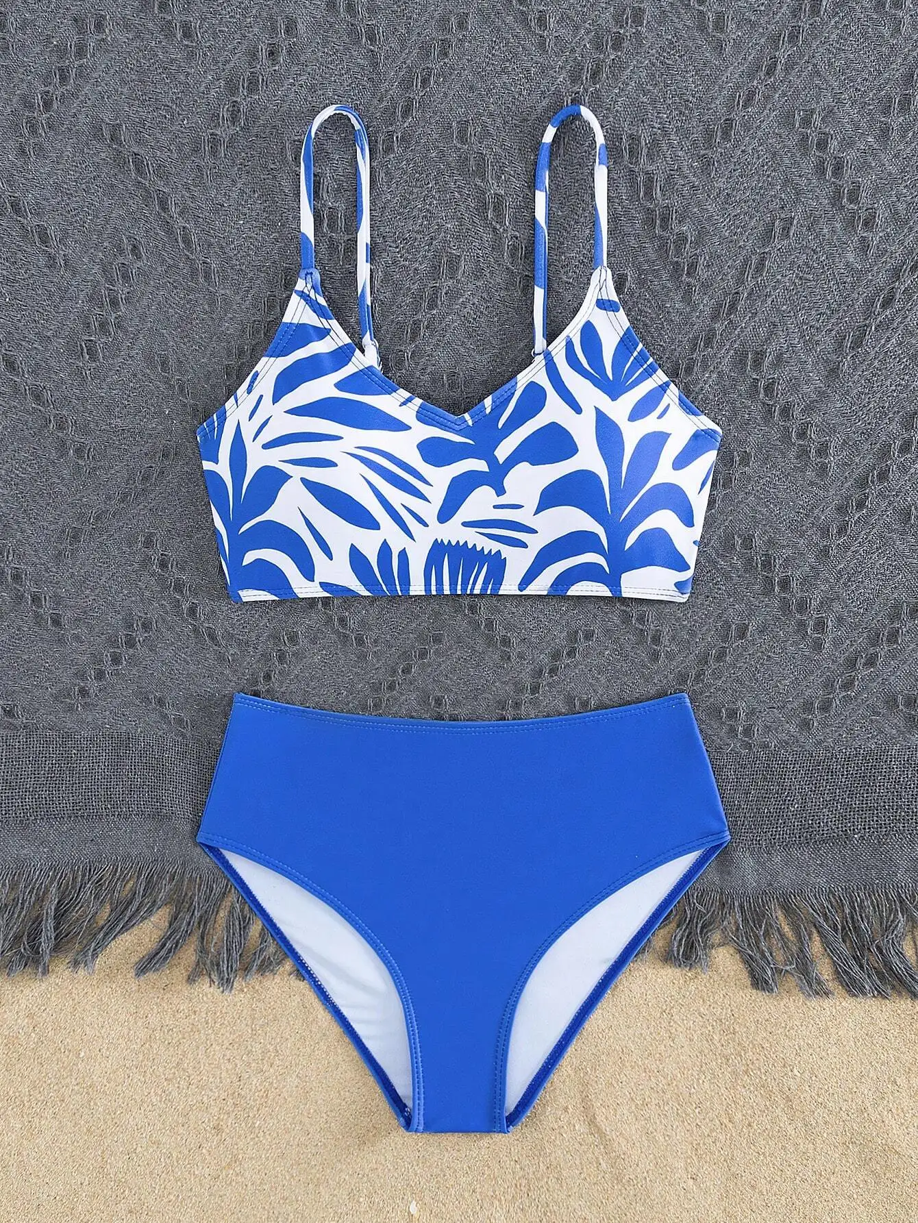 

Women Summer Beach Plant Print Spaghetti Strap Bikini Set Solid Blue Bottom