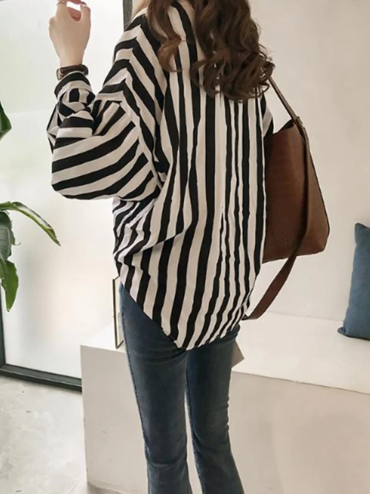 

Faionable Loose Striped Long Sve irt Women's Casual Comfortable Fit Stripe Patterned Top for Young Women 25-29 Years Old
