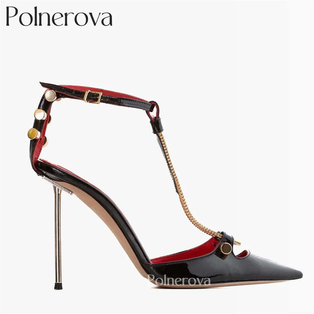 Metallic Gold Spring Chain High Heels Sexy Style Pin Buckle Ankle Strap Stilettos Pointed Toe Designer Handmade Shoes for Women