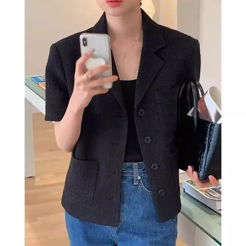 Korean Summer Short Ssleeve Blazer Womens Retro Versatile Suit Collar Multiple Pockets Design Loose Tweed Short Jacket K1454