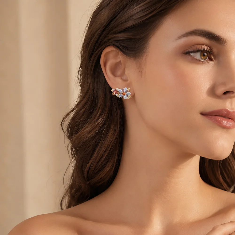 Flowers Colourful Stone Studs Earrings,Europe Yellow Gold Color Handcrafte Jewelry For Women,2022 New Gift 925 Sterling Silver