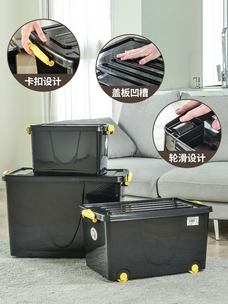 Black Organizer Turnover Box, Plastic Car Storage Box, Office Storage Box with Pulleys