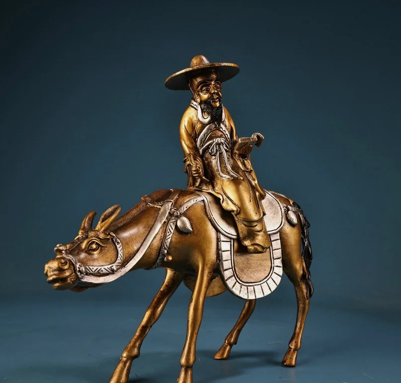 10'' Old Chinese Pure Bronze Gilt Dynasty Su Dongpo Dong Po Riding Donkey Statue