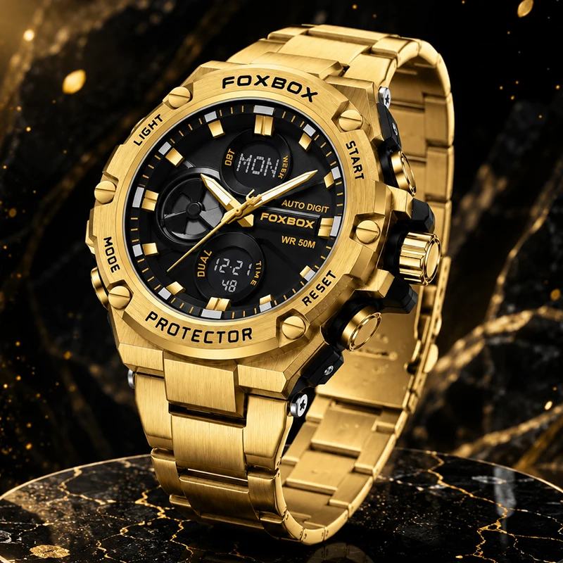 

FOXBOX Top Brand Luxury Men Watch 50M Waterproof Dual Display Sport Gold Wristwatch Military Quartz Clock Male Relogio Masculino