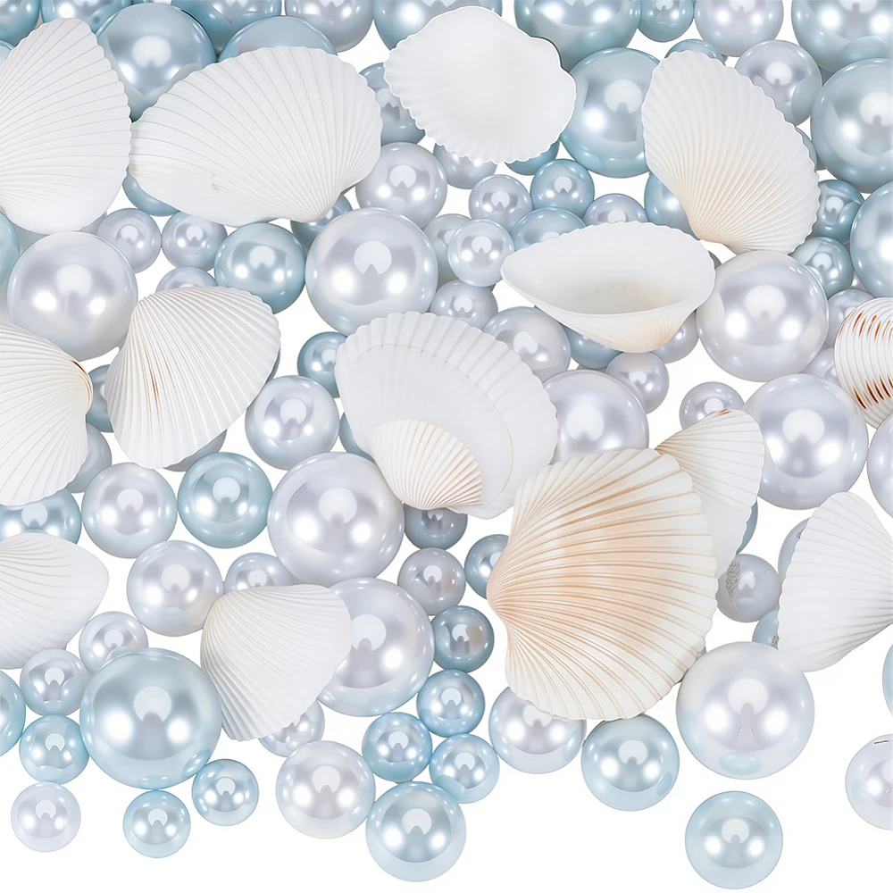 140Pcs Pearl Filler Beads Vase Beads Bulk Beach Themed Plastic Glossy Blue White Imitation Pearls Mix Summer Ocean Centerpiece