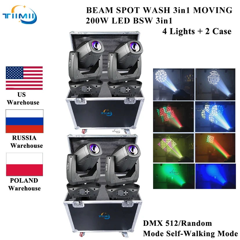 2Case 4pcs LED 200w BEAM 3in1 MOVING HEAD Light Wash Spot lightFor  Disco Stage Beam light Nightclub Party Show DJ