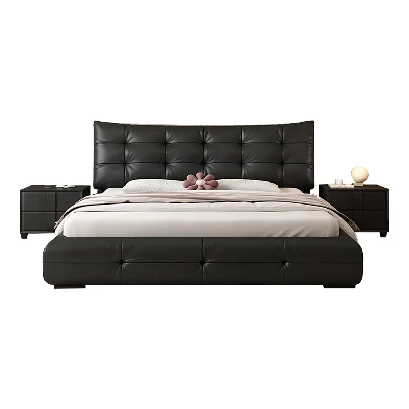 Italian minimalist large black bear leather bed modern double