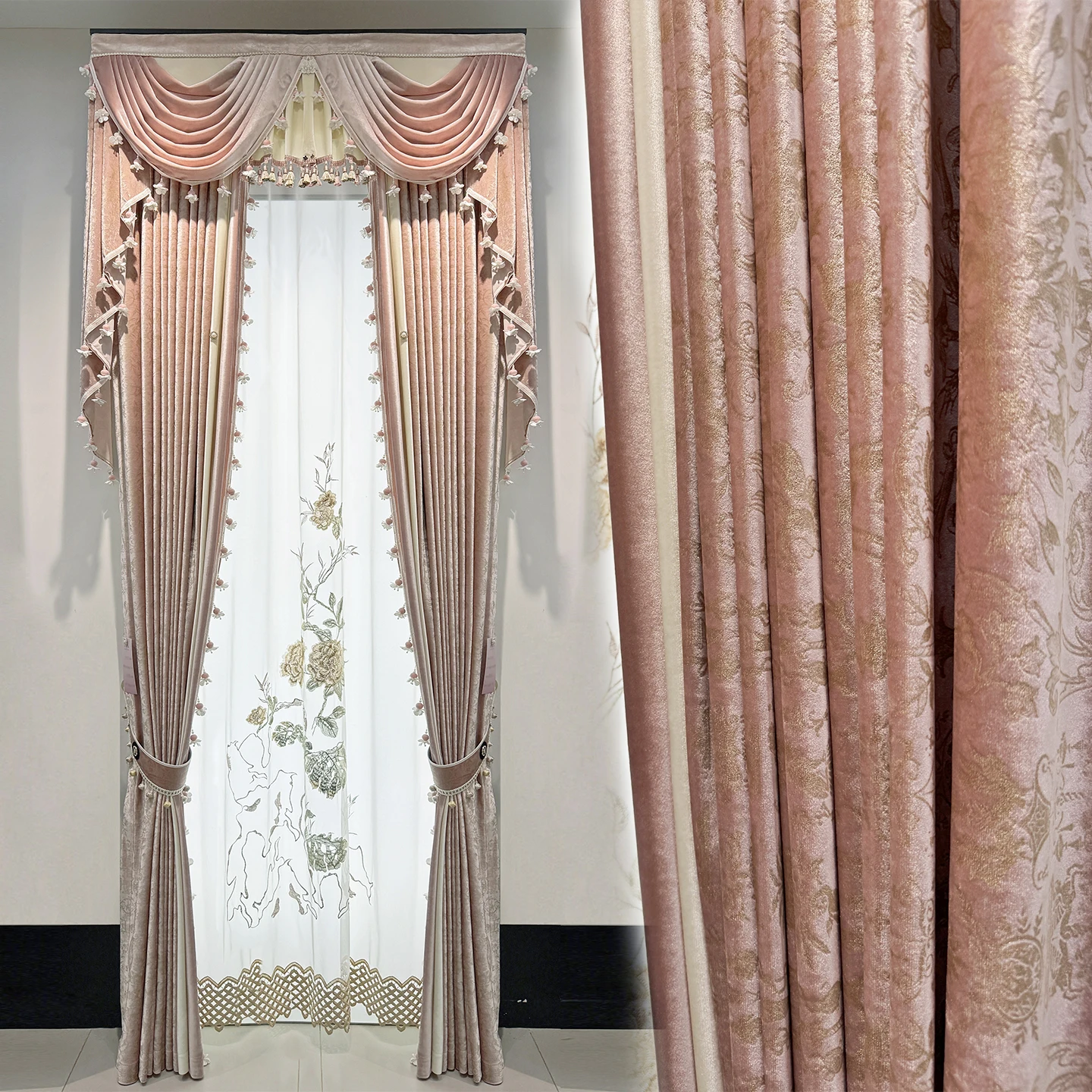 European French luxury thick romantic Velvet  livingroom pink lace embroidered cloth blackout curtain tulle valance drape M1784