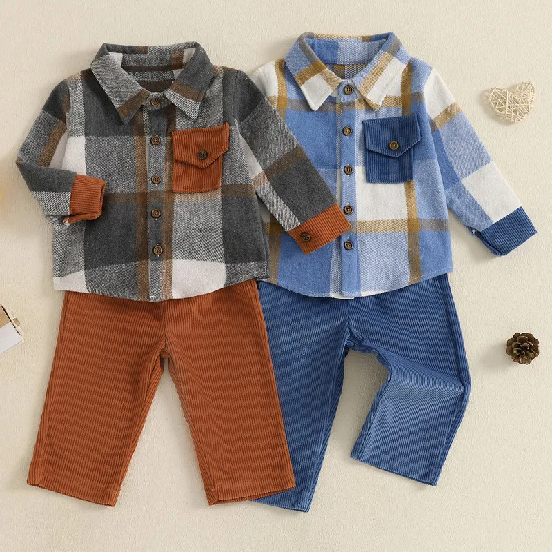 RUEWEY 6 Months to 5 Years Baby Boy Pant Sets Spring Autumn Clothes Classic Long Sleeve Plaid Print Jacket + Corduroy Pants