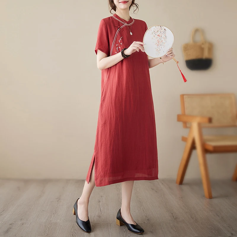 

Chinese Sle Embroidered Cotton Linen ort Sve Qipao Dr Button Summer New High Waist Design Women's Faion Clothing