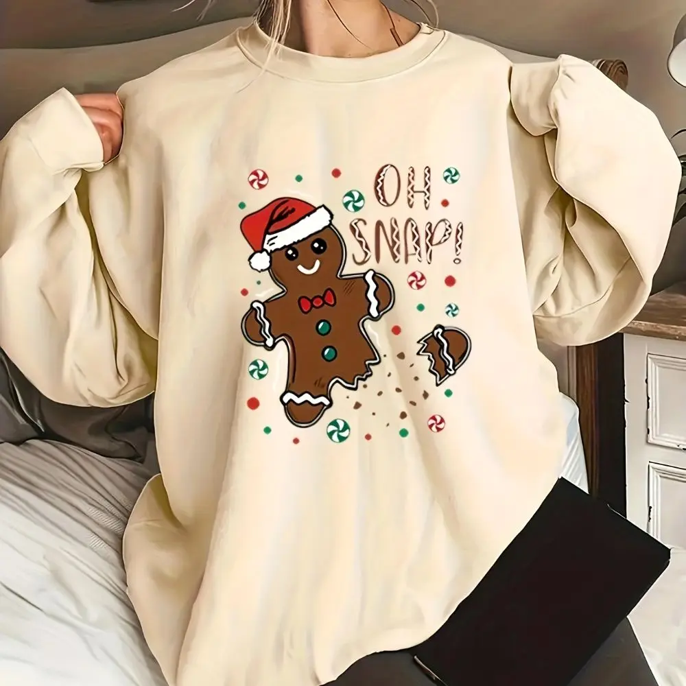 Cute Gingerbread Man Printed Christmas Casual Women\'s Hoodie Suitable For Autumn And Winter Long Sleeved Comfortable O-neck Top