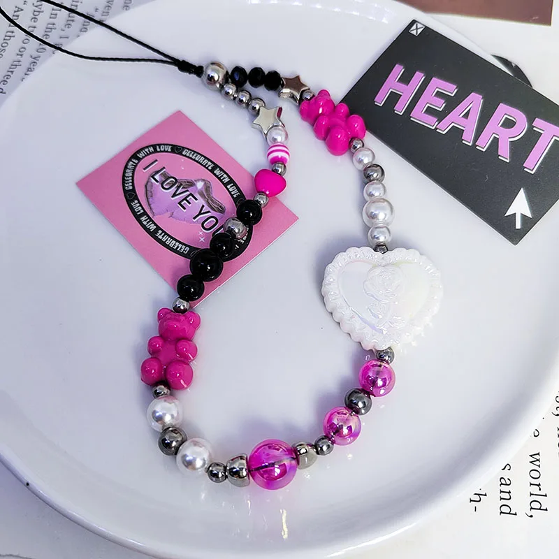 Heart Mobile Phone Charm Strap Chain Lanyard for Women Acrylic Bear Pear Glass Beads Hot Girls Rose Black Y2K Pendant Jewelry view 3