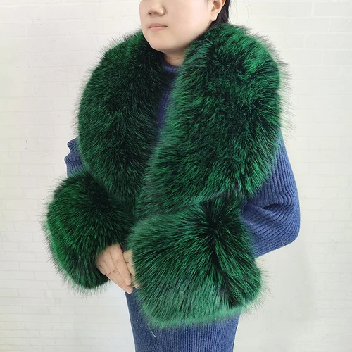 Imagen 2 del producto Bufanda grande de piel de zorro sintética para mujer, chaquetas cálidas y esponjosas, conjunto de puños y cuello de piel Artificial a la moda, bufandas esponjosas para mujer