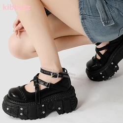 Punk Mary Jane Sneakers Platform Rock Gothic Dark Style Y2k Round Toe Thick Bottom Mixed Color Lace-Up Women Shoes Fashion New