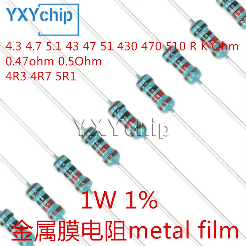 20 buah 1W Resistor Film logam 4.3 4.7 5.1 43 47 51 430 470 510 R K Ohm cincin lima warna 1% 0,47ohm 0,5 Ohm resistensi 4R3 4R7 5R1