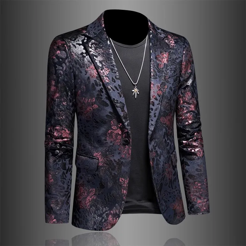 HOO 2024 Men\'s Autumn New Floral blazer Youth Fashion Leopard Jacquard   blazer