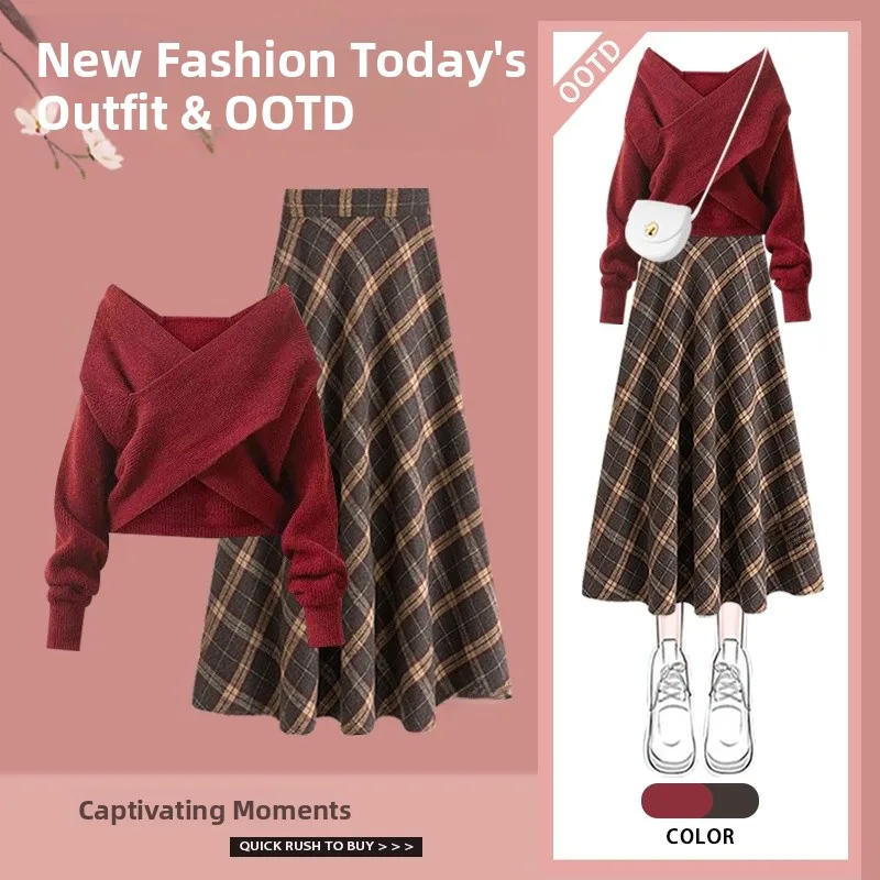 

New Year Style Women's Knitted Dress Set Autumn Winter Plaid Skirt Fashionable mid Waist Design Korean Style Midi Dress