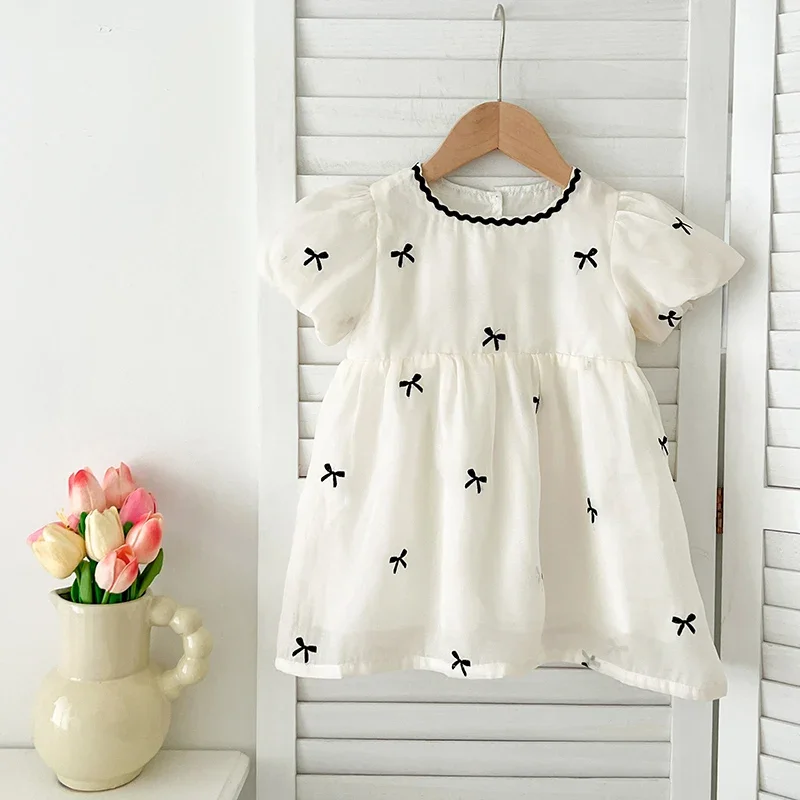 1-6Yrs Princess Girls Lace Dress Embroidered Bow Summer Girl Cotton Breathable Kids Dress Casual Toddler Dress Children Costumes