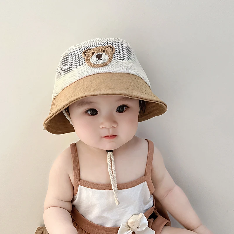 Cute Bear Toddler Kids Mesh Breathable Sun Hats Baby Summer Bucket Hat Outdoor Beach Boy Girl Panama Fisherman Cap