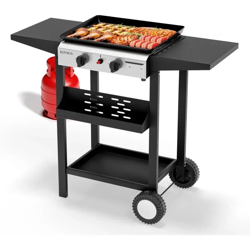 2 Burner Portable Propane Griddle with Nonstick Enameled Tray, 20000 BTU Rolling Flat Top Gas Grill with Electronic Ignition, Si